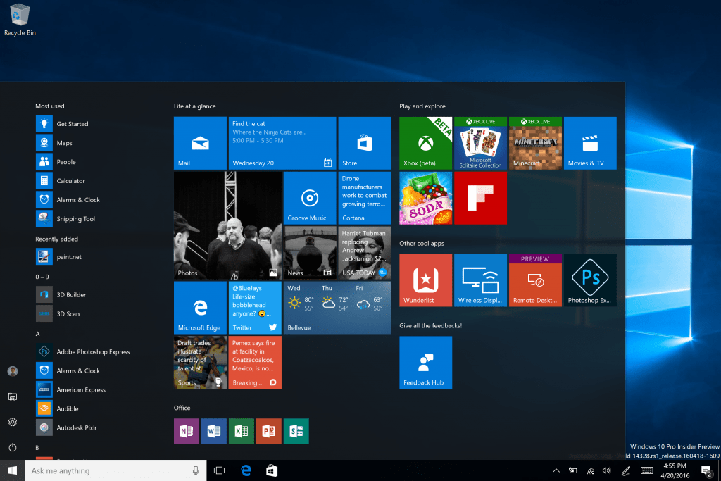 Windows 10 build 14328 Updated-Start-1024x683