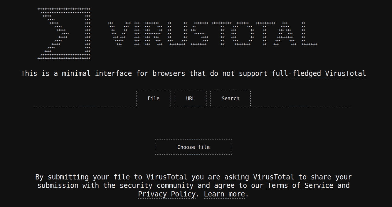 VirusTotal with new ASCII style web page