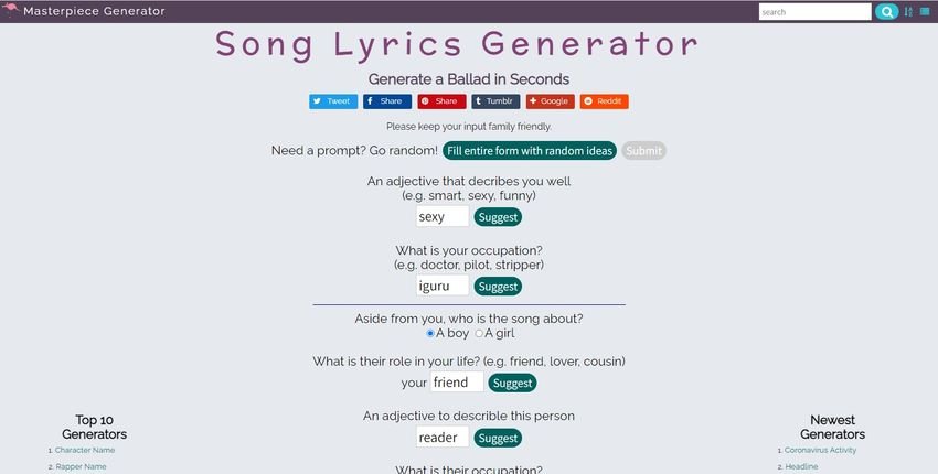 song lyrics generator 2
