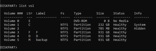 diskpart list volume
