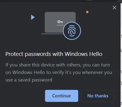 chrome windows hello popup