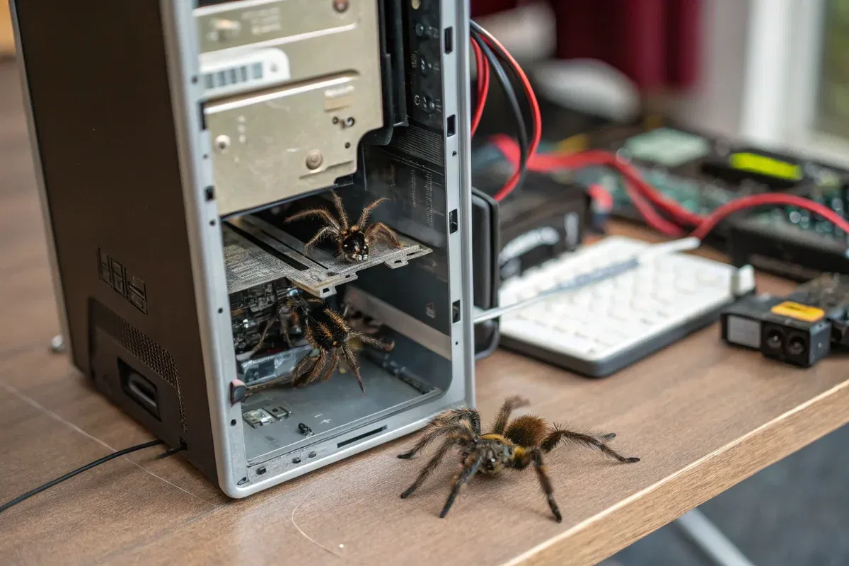 a desktop case windows computer spiders inside