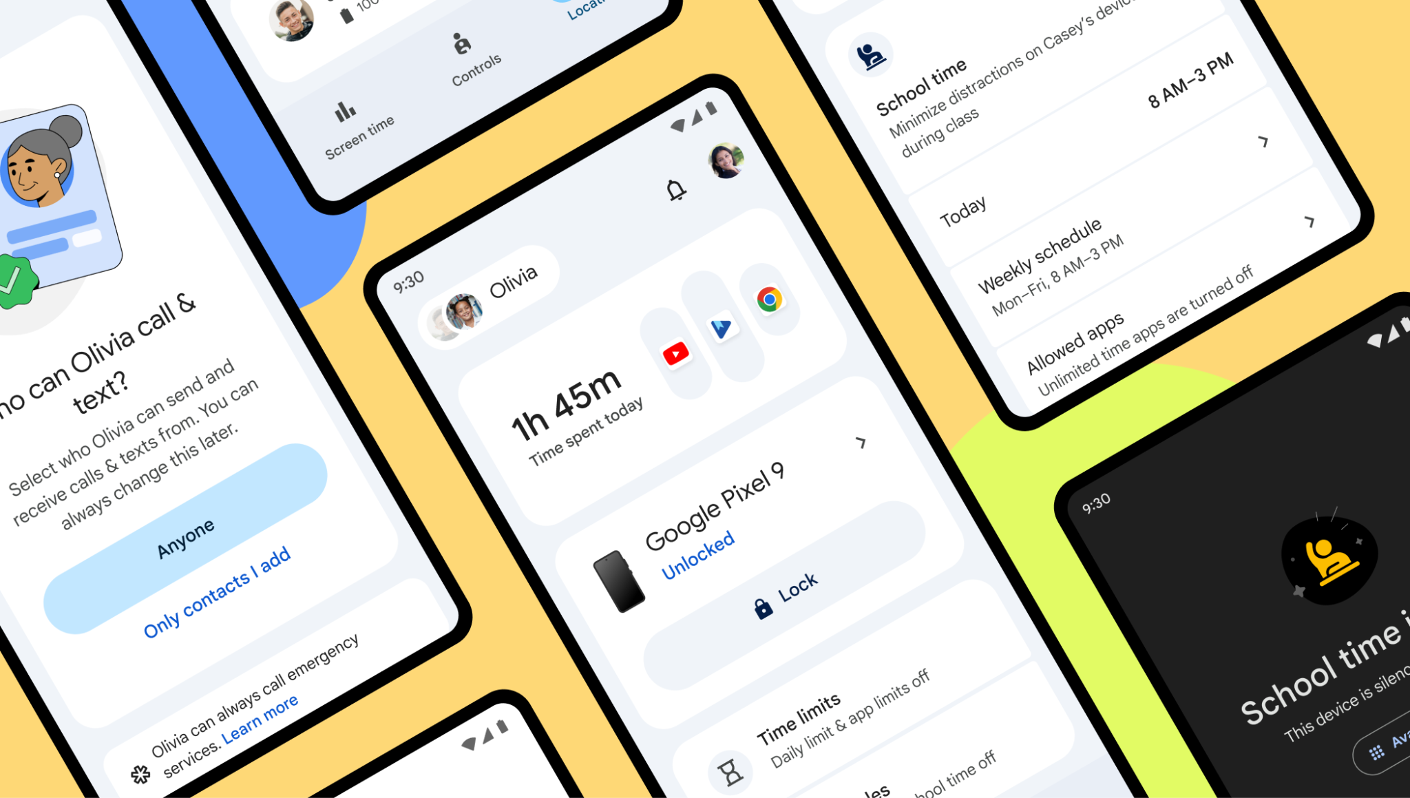 Κολάζ τηλεφώνων σε πορτοκαλί και μπλε φόντο που δείχνει διαφορετικές δυνατότητες γονικού ελέγχου, όπως τον χρόνο που περνάει ένα παιδί στη συσκευή του και ότι το δικό του Google Pixel 9 είναι ξεκλείδωτο, με τη δυνατότητα να κλειδώνει και να ορίζονται καθημερινά χρονικά όρια.